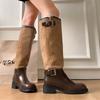 Vintage Belt Buckle Women Knight High Boots Concise Slip On Thick Heels Shoes Fashion Banquet Party Long Botas Mujer
