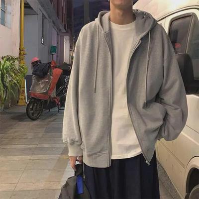 Men's Gray Hooded Sweatshirt - Lightweight, Solid Color, Long-Sleeve Cardigan Jacket, Couple Style with Small Zipper.