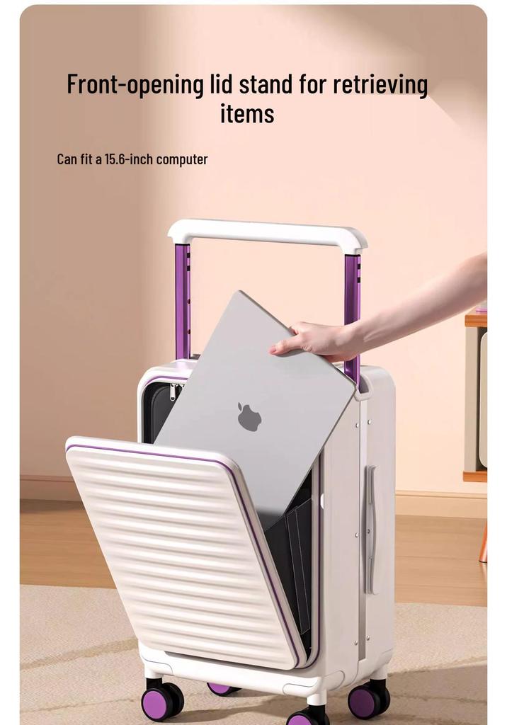 Women's 20-Inch Front-Opening Aluminum Carry-On Luggage 2025, Large Capacity with Wide Pull Rod