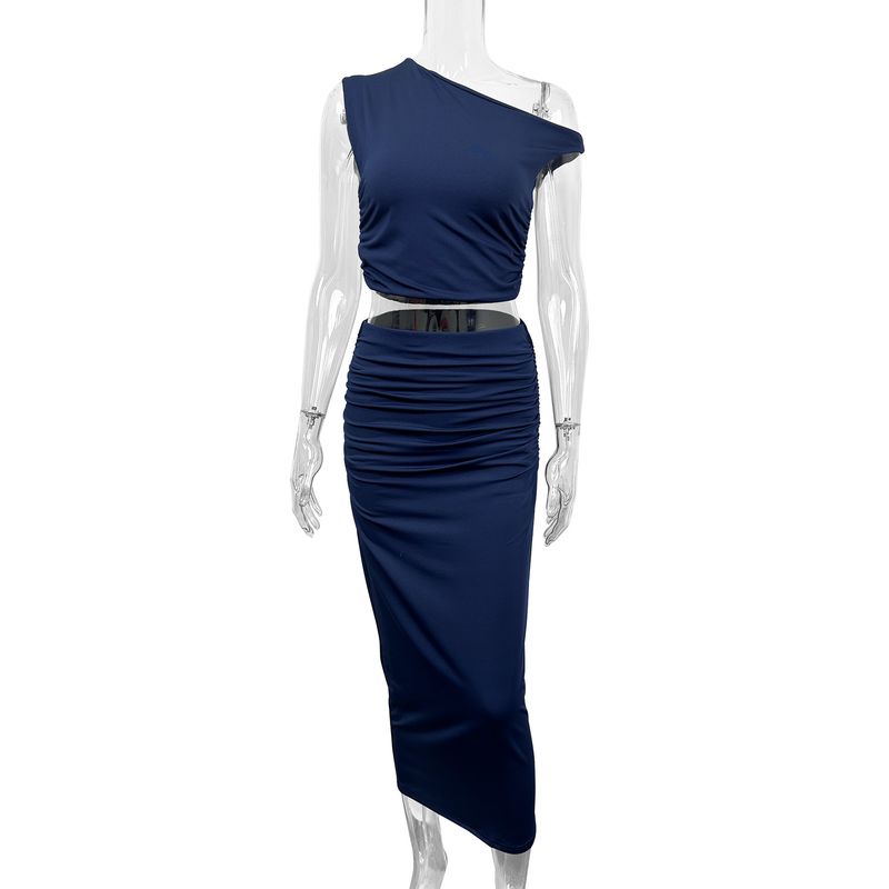 

Outfitgirl American Style Sexy Pure Color Oblique Shoulder Collar Vest Sheath Skirt Suit Ruched Stretch Tight Navy XS