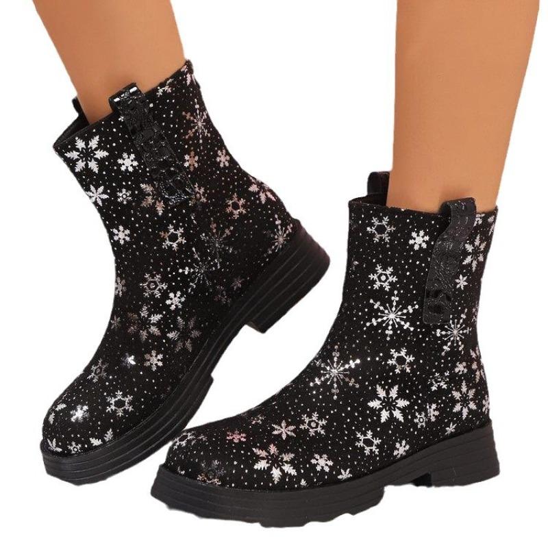 European and American Foreign Trade Short Tube Printed Thick-soled Martin Boots Women's Cross-border Snowflake Rear Zipper Large Size Cigarette Boots