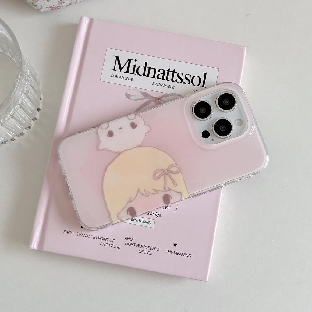 Capa de Celular Fofa de Gato e Menina Cartoon Fundo Rosa INS para iPhone 17 16 15 14 13 Pro Max Capa Traseira