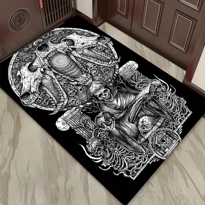 Monochrome Dragon Skull Rug for Fantasy Lovers | Detailed Skeleton Art Carpet | Gothic Home Decor Skid Resistant Carpet