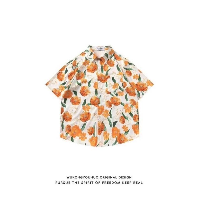 

Летняя мужская мода Гавайская рубашка Корейский уличный стиль Пляжные рубашки с цветочным принтом Оранжевый дизайн Топы на пуговицах с короткими рукавами Повседневная курортная одежда