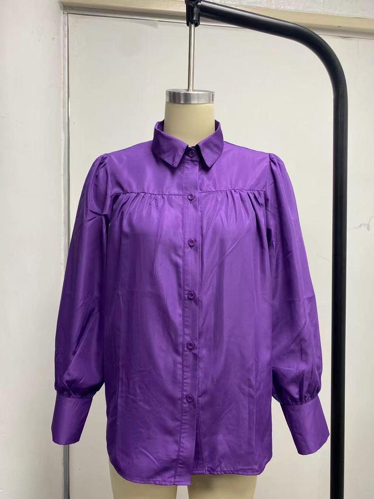 2024 Buckle Top Lantern Sleeve Pleated Solid Color Loose Long Sleeve Stand Collar Shirt for Women