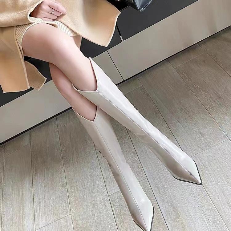 PU Leather High-heeled Knight Boots Women's Fashion V Mouth Pointed Toe Knee High Boots Khaki Sexy 8cm Square Heel Women Shoes