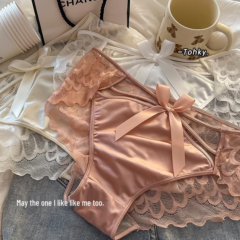 French Satin Lace Mid-Waist Sexy Bow Panties - Breathable Polylactic Acid