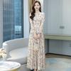 Floral Chiffon Dress Spring and Autumn Temperament Waist Slim Slimming Bow V-neck Jacquard Elegant Long Skirt