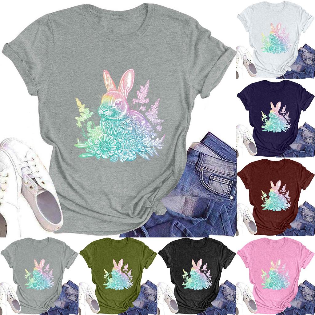 Dámské módní tričko s kulatým výstřihem a krátkým rukávem s velikonočním potiskem, ležérní top