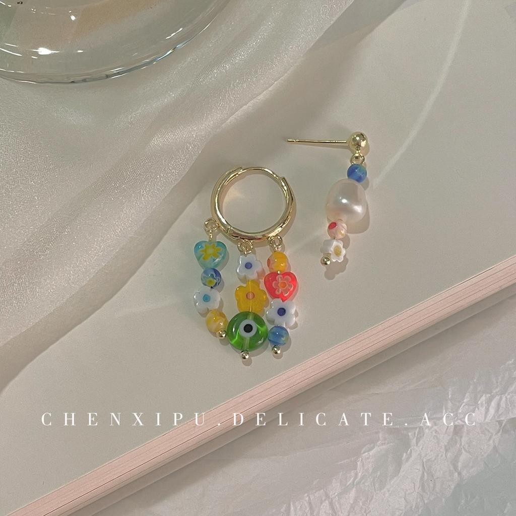 Sweet summer colorful handmade asymmetrical design glass floral glazed ear buckle cute sweet earrings earrings women