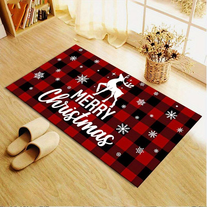 Christmas-Themed Area Rug - 1pc Non-Slip Polyester Floor Mat with Red and Black Plaid, Snowflakes, and Reindeer Patterns - Durab