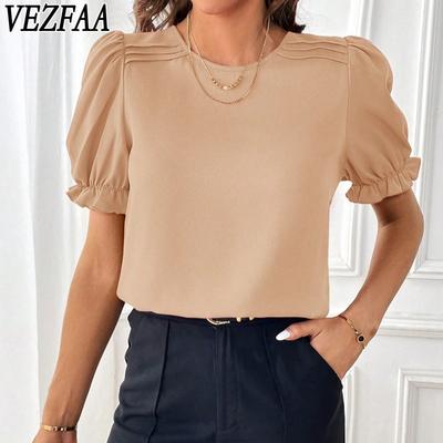 VEZFAA Women's Fashion Casual Summer Spring Solid Color Print Short Sleeve O-Neck Blouses & Shirts