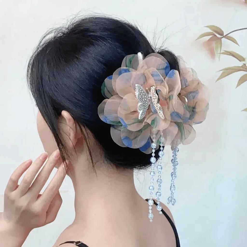 Women Ladies Summer Autumn Hair Accessories Butterfly Tassel Girls Super Fair Flower Multi-layer Hair Claw Fancy Headwear