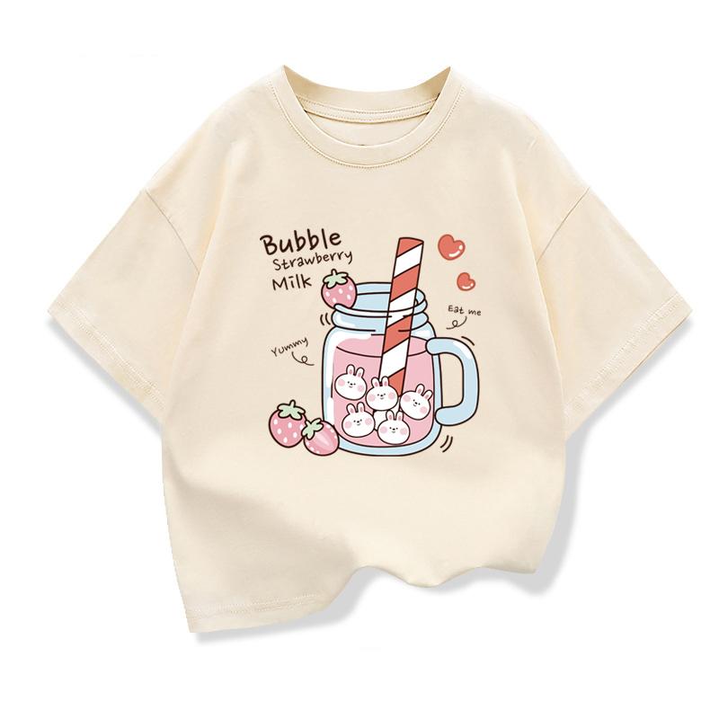 Children's Short-sleeve Patterned Top 2026 Summer New Children's Clothing Girls' Bubble Strawberry Milk Cartoon Casual T-shirt