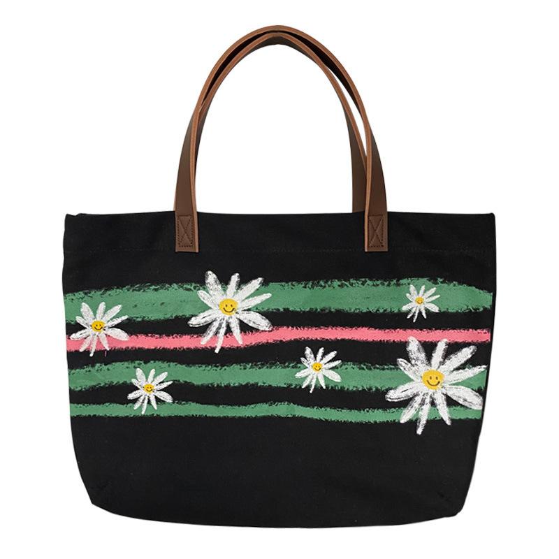 

Новая сумка-тоут с граффити-цветком, маленькая, со свежим принтом, милая, студенческая, для шоппинга, повседневная, холщовая сумка через плечо с ручной росписью