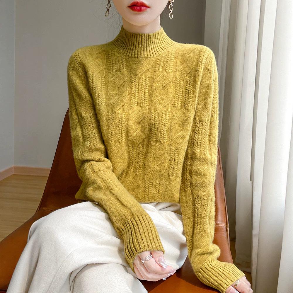 100% Wool Chunky Knit Sweater - Thickened Warm Classic Retro Texture for Autumn/Winter