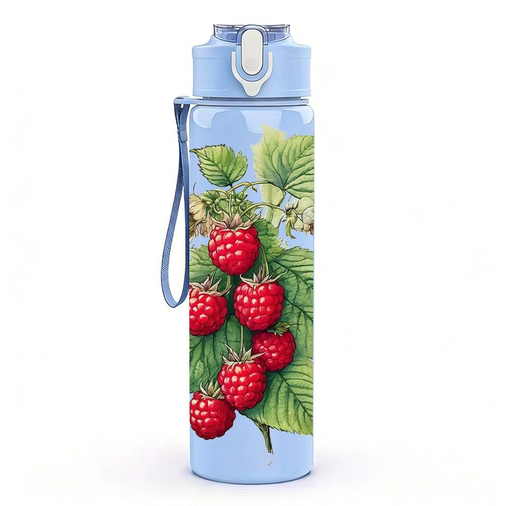 1PC Red Berry Fruit Branch Plant Print 750ml Color Plastic Sports Water Bottle Leakproof Flip Straw Lid Suitable for Sports Office Home Use