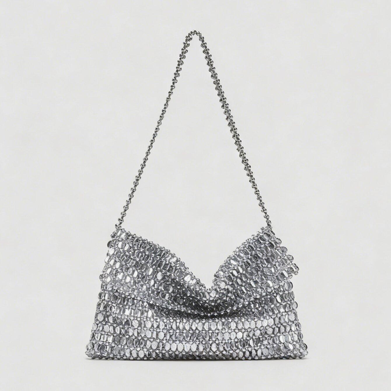 Металлическая Текстура Ручная Работа Сумка-Квадрат с Вырезами и Бисерным Декором серебряный 3060₽