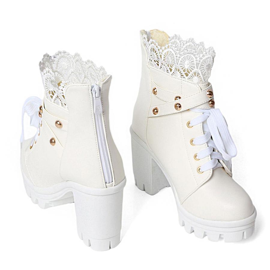 FOREADA Women Ankle Boots Round Toe Thick High Heels Rivets Zipper Lace-up Platform Lace Short Boots Ladies Fashion Shoes Autumn Winter