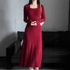 [] Minimalist knitted dress autumn and winter new temperament slim square collar inner sweater skirt