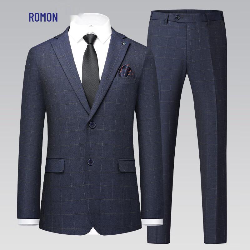Romon Men s Slim Business Suit Set - Blue Plaid XL/180