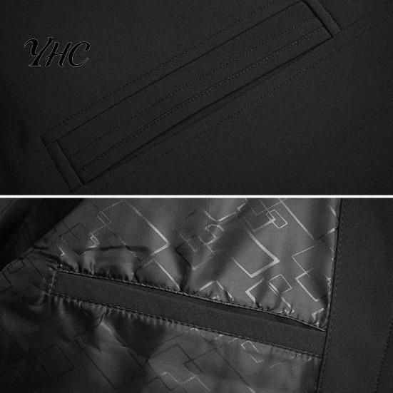 Solid Color Men Coat Spring Fall Stand Collar Mid-aged Father Jacket Long Cardigan Sleeve Smooth Zipper Closure Warm Business Style Pockets Winter