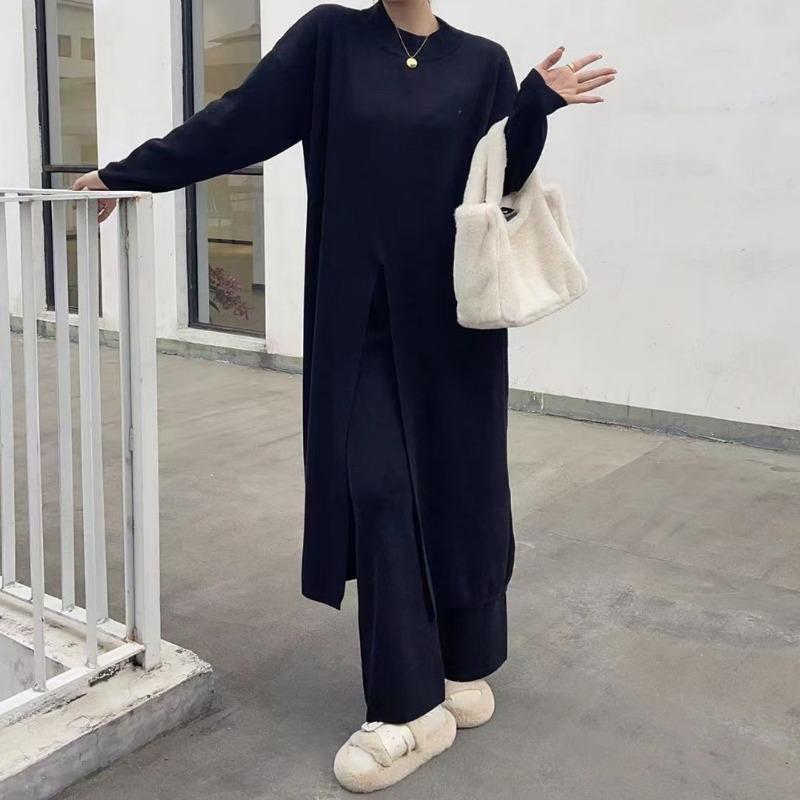 Lazy large size split two-piece sweater autumn and winter new wide-leg pants medium and long pullover knitted sweater set