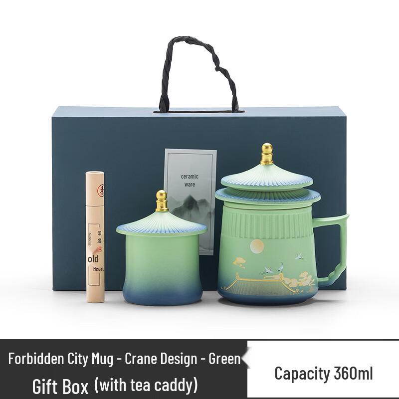 Bai Zi En Forbidden City Crane Ceramic Tea Mug & Tea Caddy Set