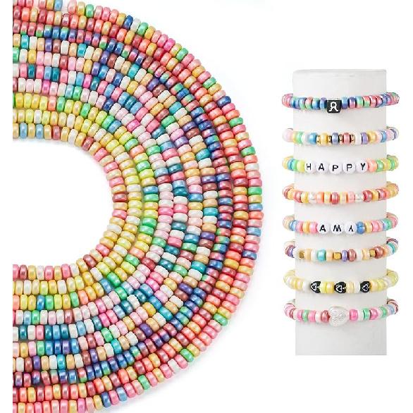Pandahall 7 Strands 6mm Flat Polymer Clay Beads Speckled Vinyl Heishi Beads 7 Colors Pearlized Colorful Disc Clay Spacer Beads for Friendship