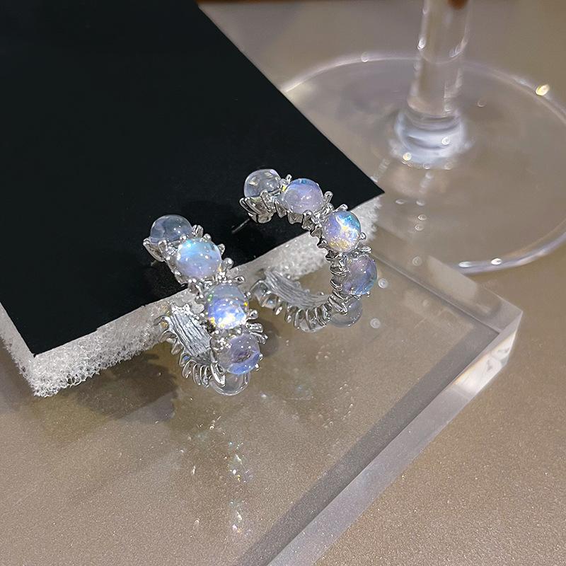 Korean Blue Moonstone C Shape Earrings Girls Aesthetic Zircon Drop Earrings Y2K Jewelry Gifts