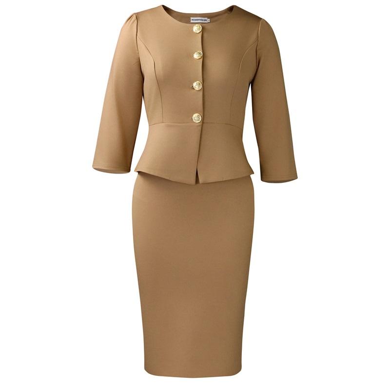 Women's 2Pcs Solid Color Office Suit Peplum Blazer + Pencil Skirt Set