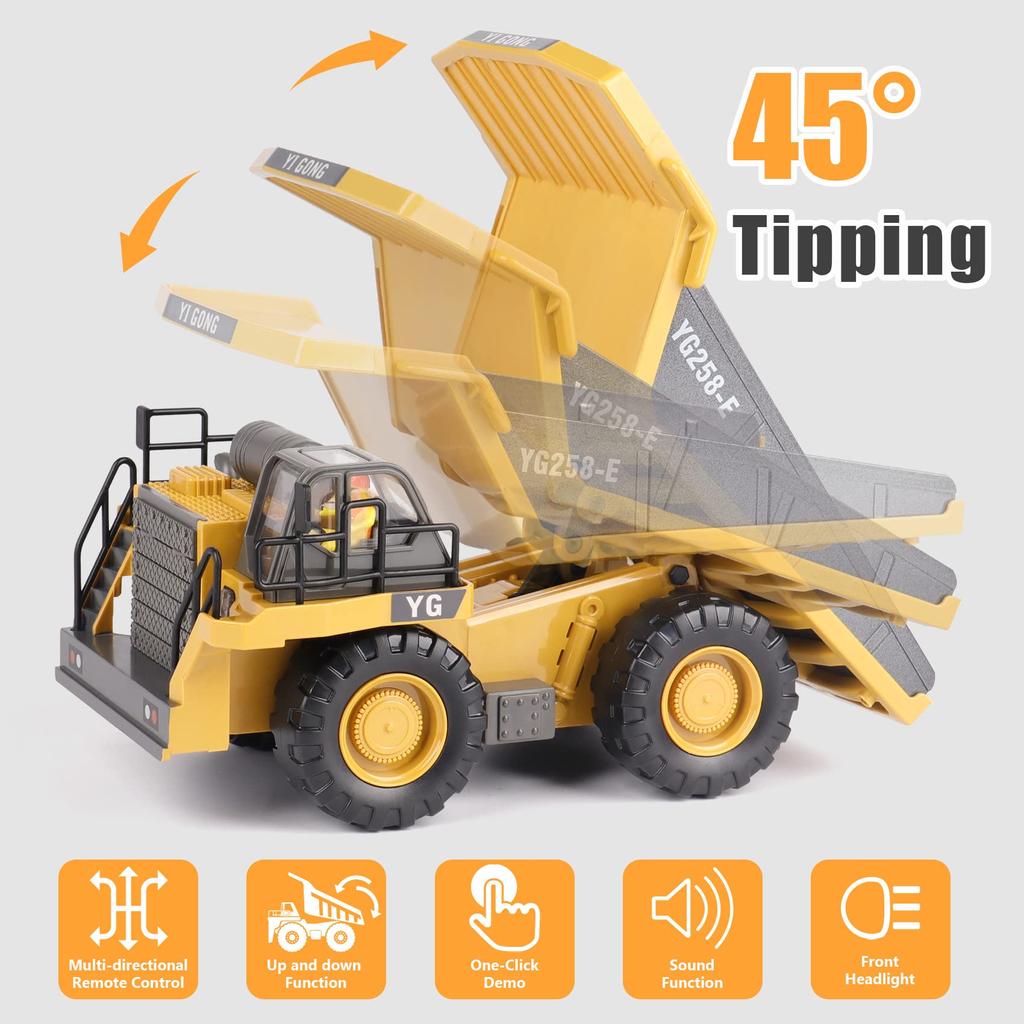 RC Dump Truck Toy for kids, Remote Control Construction Toys Vehicle with Metal Bed and Light/Music, Birthday gifts ideas for Boys