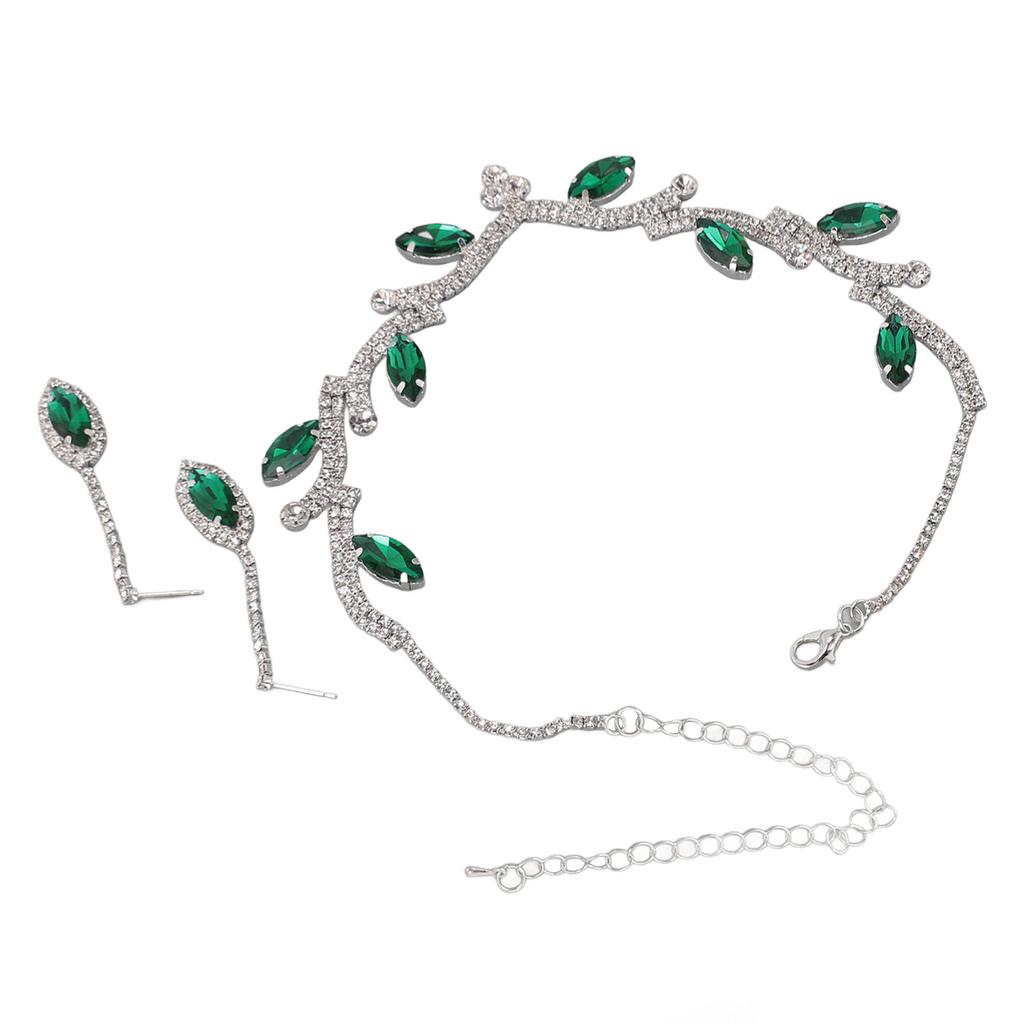 Damen Halskette Ohrring Set Strass Blätter Braut Hochzeit Schmuckset für Geburtstagsfeier Grün und Weiß K