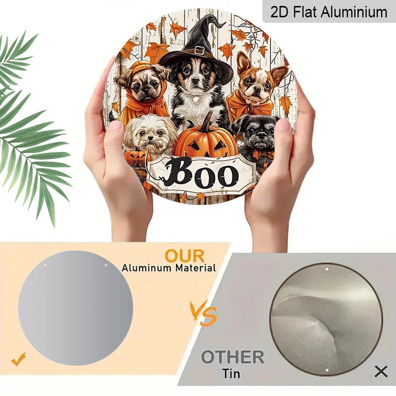 2D Flat, 1pc Boo Halloween Aluminum Ornaments Sign, Dog Maple Leaf Jack-o'-Lantern Boo Pattern Design, Round Hanging Plaque for Yard, Room, Home