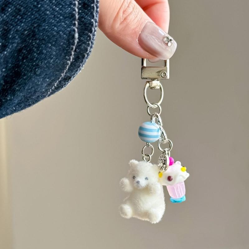 Cute Ice Cream Keychain Soft Flocking Bear Pendant Charm Phone Chain Beaded Lightweight Decoration For Women Gifts