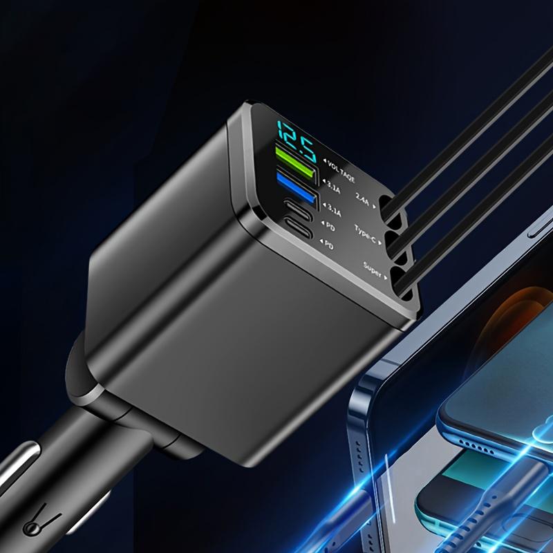 7-in-1 Smart Car Charger with LED Voltage Display, Retractable PD Fast Charging Cable and 120W Output