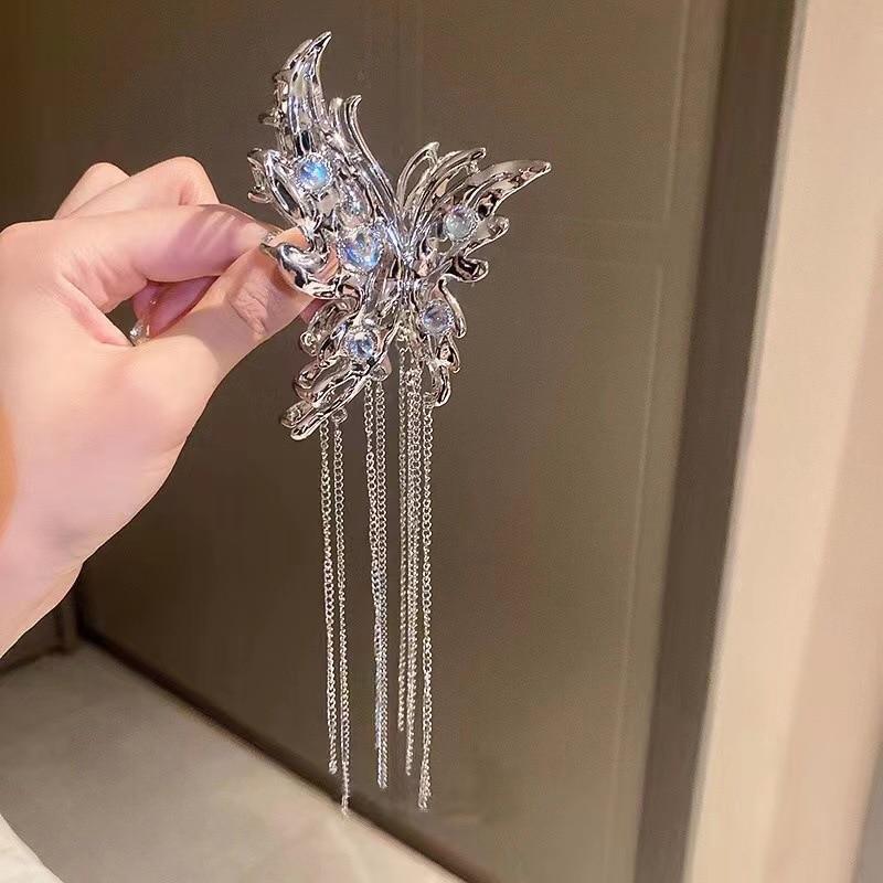 Exquisite Butterfly Tassel Hairpin Vintage Chain Ribbon Hair Claw Clip Crab for Women Silver Color Hair Accessories