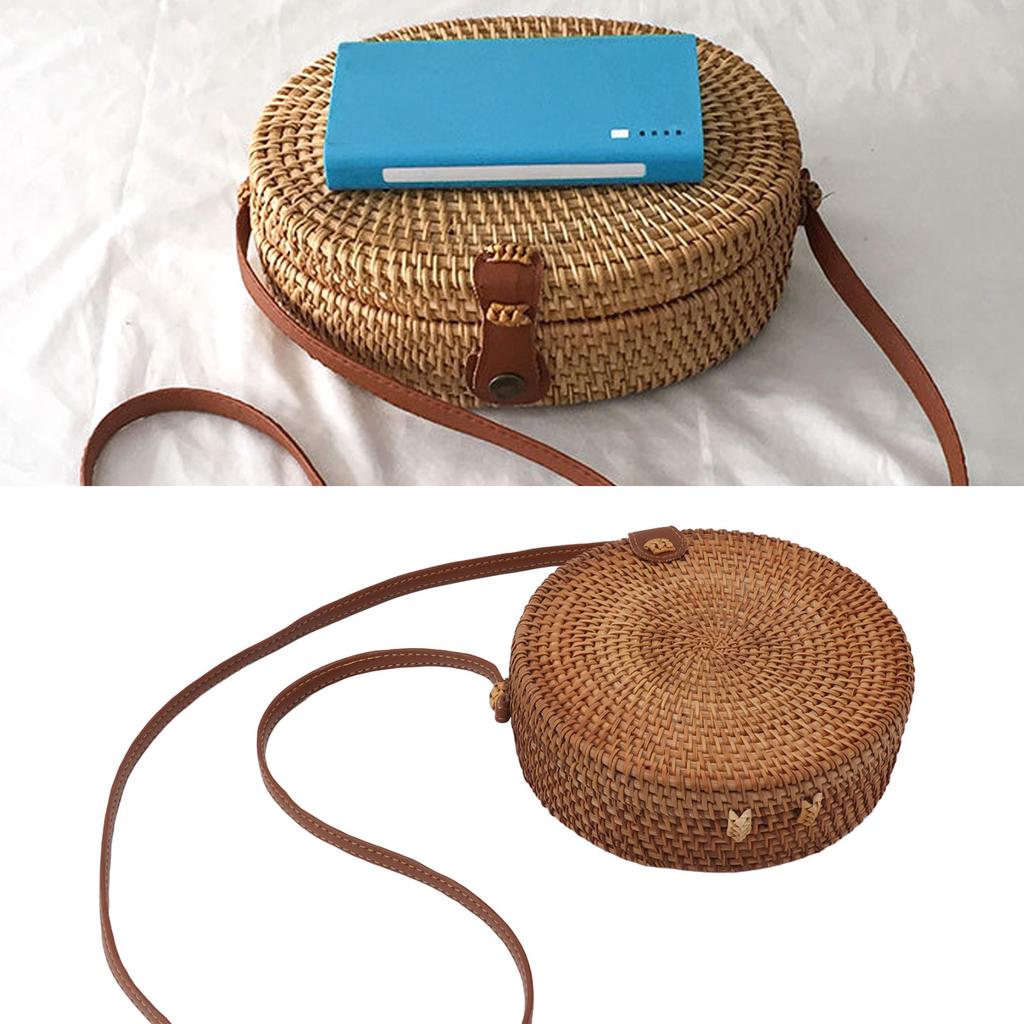 Handwoven Round Rattan Bag Tropical Beach   Woven Shoulder Rattan Bag with Leather Strap 20cm Diameter