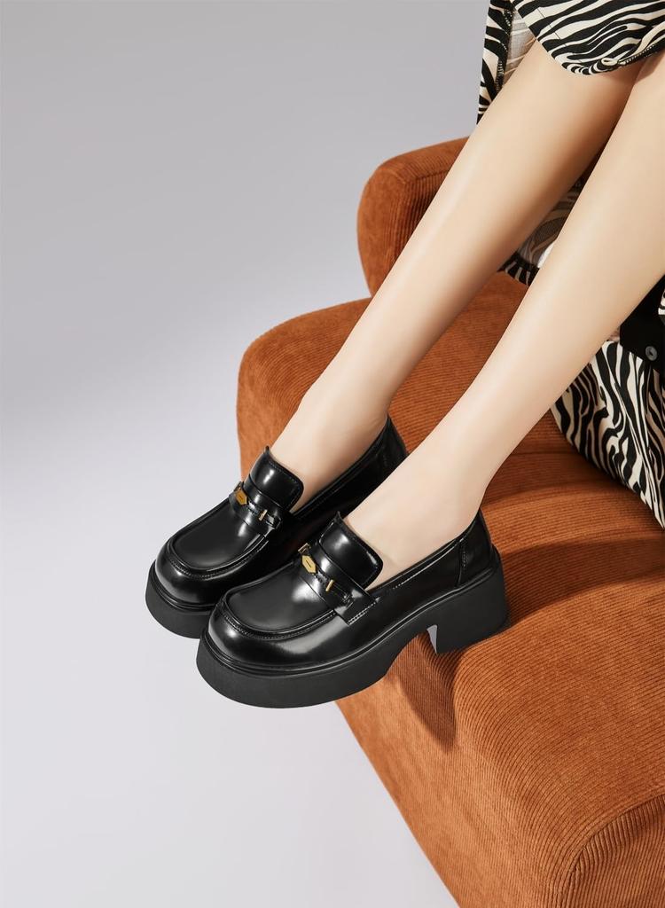 Dafoni Women's Loafers, Premium Leather, 6.2cm Heel, Lightweight for Commuting, with Anti-Odor Insole (Everyday Comfort), Size 23.5cm, Black