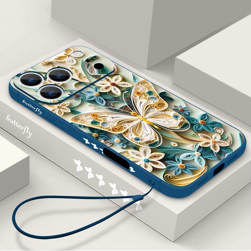 Fantastic Butterfly Print Lanyard Case For iPhone 17 Pro Max Funda iPhone 16 15 14 13 Pro Max 11 16E 17E Soft Silicone Cover