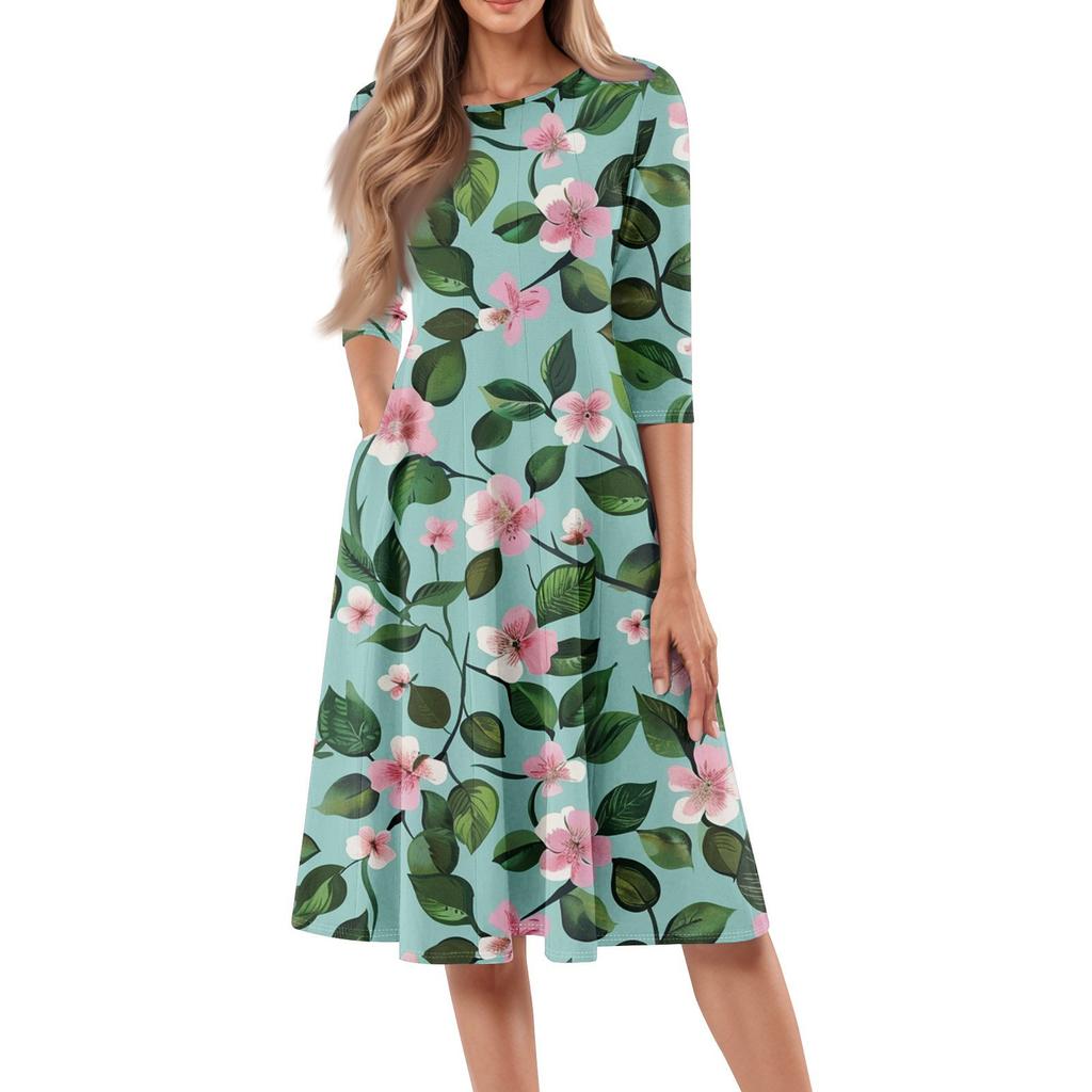 Women's Loose Casual And Fashionable Round Neck Seven Quarter Sleeved Printed Mid Length Dress