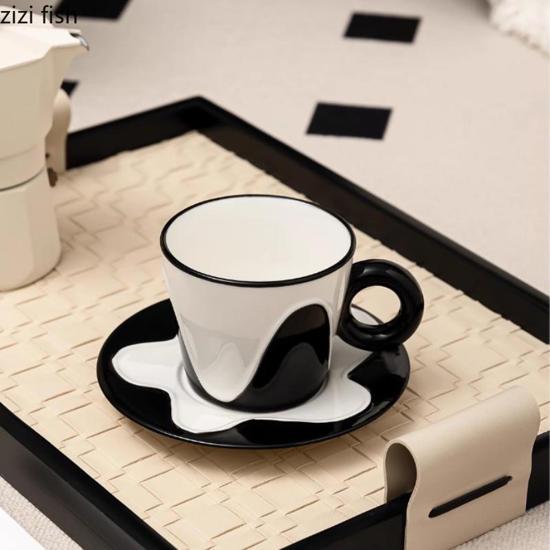 Black and White Wavy Ceramic Mug Coffee Cup and Dish Set Afternoon Tea Cups Breakfast Cups Milk Mug Water Cup Juice Mugs Teacup
