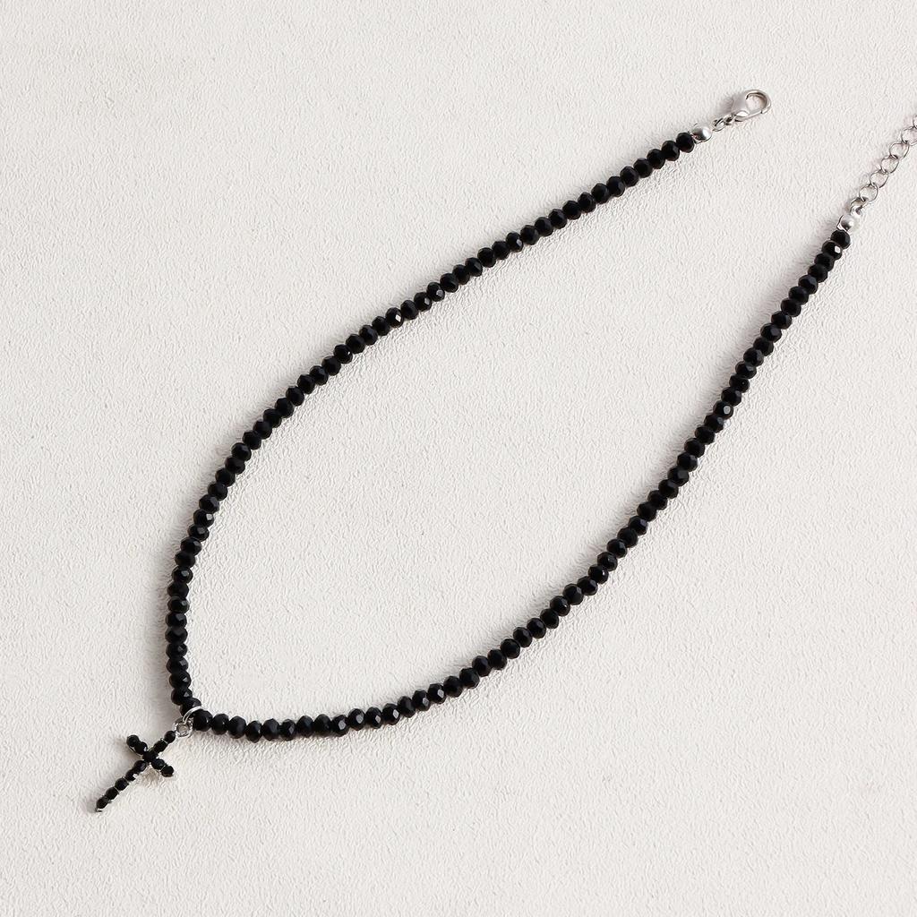 Simple Black Beads Necklace with Cross Pendant Female Jewelry Rhinestone Choker Necklaces Women Ladies Party Necklace
