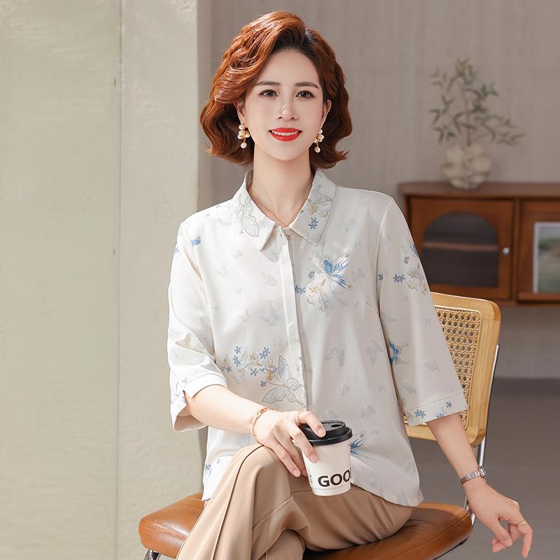 

Spring Chiffon 7-Sleeve Blouse for Middle-Aged Women - Loose & Lightweight 4XL (Rec. 135-150 jin) білий