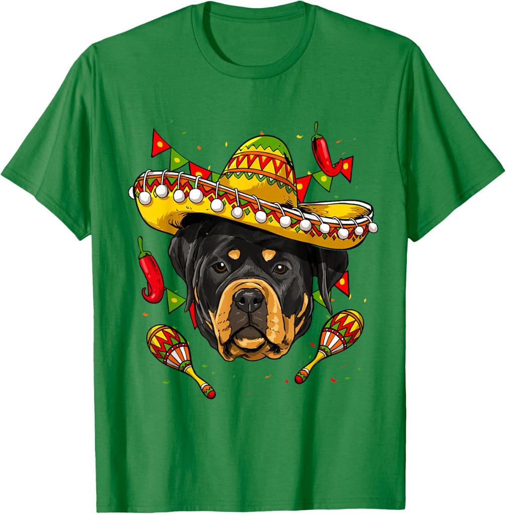 Cinco De Mayo Rottweiler Sombrero Dog Graphic Tee Casual Cotton Short Sleeve T-Shirt for Men Women