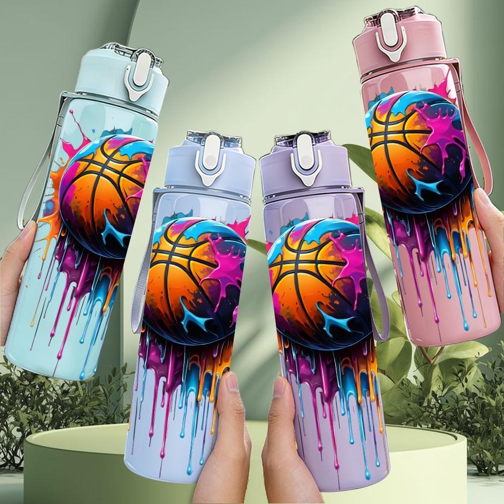 1PC Splash Basketball Color Sports Print 750ml Color Plastic Sports Water Bottle Leakproof Flip Straw Lid Suitable for Sports Office Home Use
