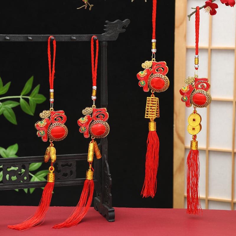 1Pcs Spring Festival Hanging Ornaments With Red Tassels Golden Lucky Charms For New Year Home Car Decoration