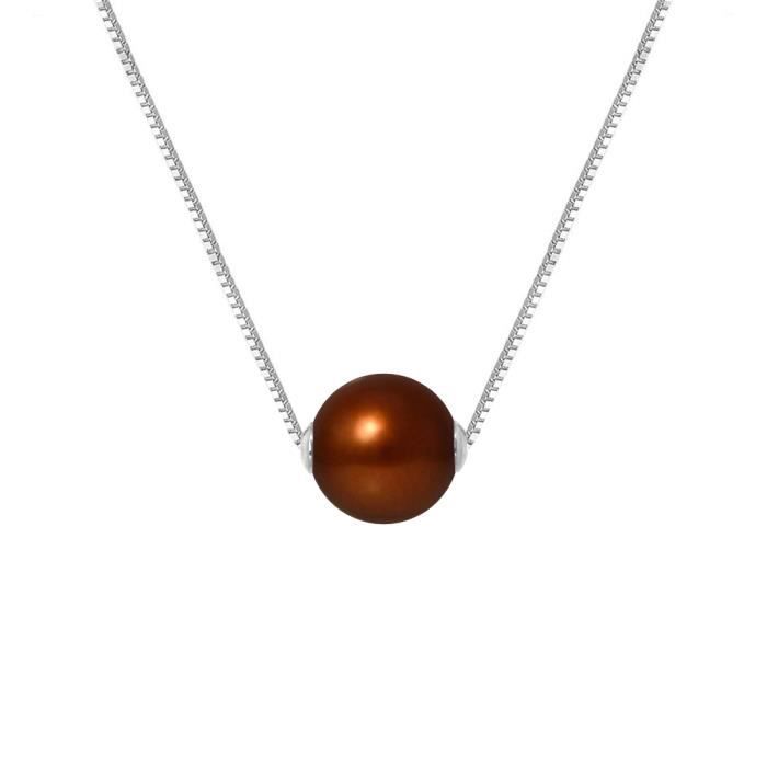 PERLINEA - Collier Perle de Culture d'Eau Douce AAA+ Ronde 9-10 mm - Chocolat - Vénitienne Argent 925 Millièmes - Bijoux Femme