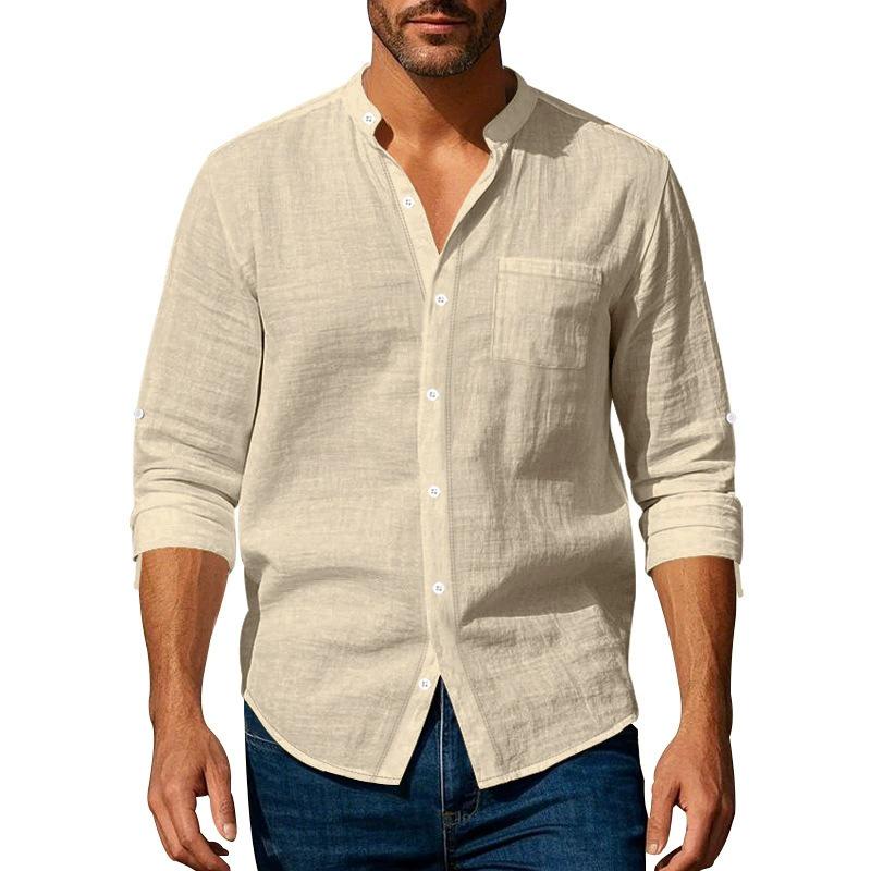 

2026 Men s Long-Sleeve Stand-Up Collar Breathable Pocket Shirt – Chinese Style XXXL