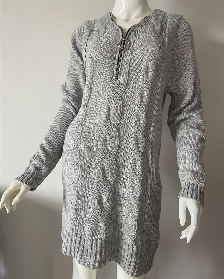 New V-Neck Zipper Cable Knit Sweater Dress In Solid Color